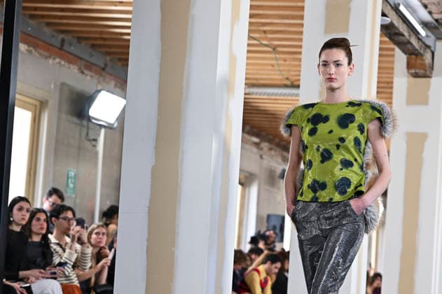 February 28, 2026, Madrid, Spain: A model walks the runway wearing a design by Ernesto Naranjo during Mercedes-Benz Fashion Week de Madrid at Palacio Fernaz Nunoz. Madrid Spain - ZUMAs197 20260228_aaa_s197_2443 Copyright: xAtilanoxGarciax