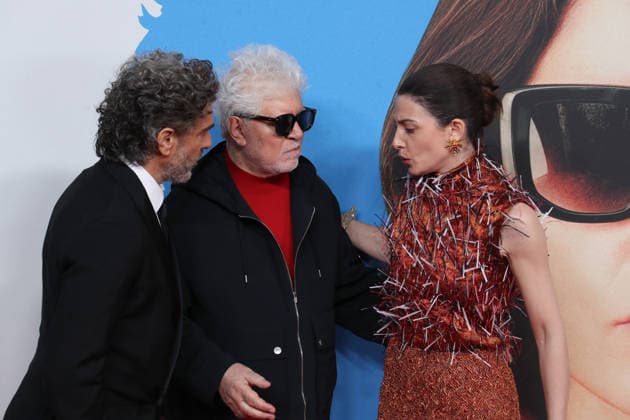 March 19, 2026, Madrid, Madrid, Spain: LEONARDO SBARAGLIA (L), PEDRO ALMODOVAR (C) and BARBARA LENNIE (R) pose at the red carpet held at the Real Casino de Madrid during the premiere of AMARGA NAVIDAD (BITTER CHRISTMAS). This movie marks the 24th feature film in the career of the two time Academy Award winner, who has defined the landscape of modern Spanish cinema for over forty years. The production by EL DESEO explores the relationship between inspiration and reality through a story of autofiction. The event brought together actors BARBARA LENNIE, LEONARDO SBARAGLIA, PATRICK CRIADO, VICTORIA LUENGO, and MILENA SMIT, along with high profile guests from the European entertainment industry. The theatrical release is set for March 20 2026 by - ZUMAo127 20260319_zep_o127_114 Copyright: xHugoxOrtunox