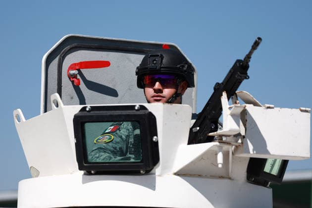 Military exercise under the Kukulcan security plan for the 2026 FIFA World Cup in Mexico ZUMPANGO, MEXICO - MARCH 19: A member of the Mexican Army conducts operations during the Ollamani military exercise, at the Santa Lucia Air Force base, in Zumpango, Mexico on March 19, 2026. According to Mexican authorities, the exercise is part of interagency security coordination under the Kukulcan security plan for the 2026 FIFA World Cup, involving technical groups set up by a high-level committee on disarmament, terrorism and international security. Daniel Cardenas Anadolu Zumpango Mexico. Editorial use only. Please get in touch for any other usage.  Copyright: x2026xAnadoluxDanielxCardenasx