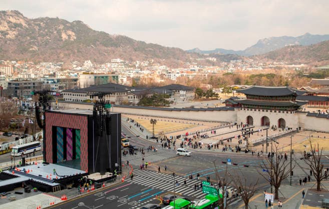 BTS s upcoming comeback concert, Mar 20, 2026 : The stage for BTS s comeback concert in front of Gwanghwamun, the main gate of Gyeongbok Palace in central Seoul, South Korea. BTS s comeback concert will be held at Gwanghwamun Square on March 21, a day after the K-Pop boy band released its fifth full-length album, ARIRANG .  aflo_324180713