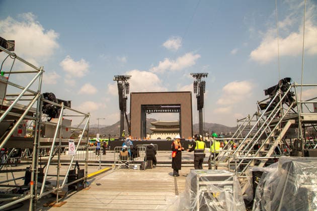 BTS s upcoming comeback concert, Mar 20, 2026 : The stage for BTS s comeback concert in front of Gwanghwamun, the main gate of Gyeongbok Palace in central Seoul, South Korea. BTS s comeback concert will be held at Gwanghwamun Square on March 21, a day after the K-Pop boy band released its fifth full-length album, ARIRANG .  aflo_324180820