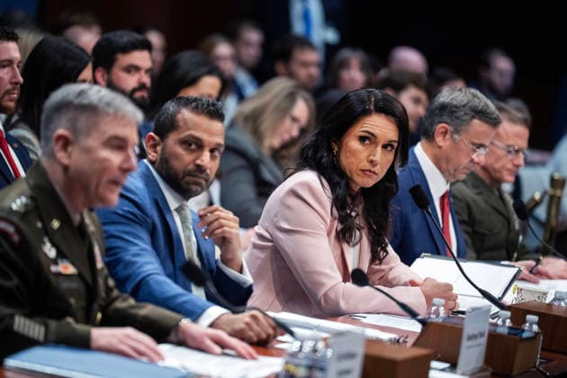 Worldwide Threats Assessment - House UNITED STATES - MARCH 19: From left, Lt. Gen. William J. Hartman, acting director, National Security Agency, FBI Director Kash Patel, Director of National Intelligence Tulsi Gabbard, CIA Director John Ratcliffe, and Lt. Gen. James H. Adams, director, Defense Intelligence Agency, testify during the House Select Intelligence Committee hearing titled Annual Worldwide Threats Assessment Hearing, in the Capitol Visitor Center on Thursday, March 19, 2026. (Tom Williams CQ Roll Call) Washington DC United States EDITORIAL USE ONLY Copyright: x2026xCQ-RollxCall,xInc.x TomxWilliamsx rollcallpix169852