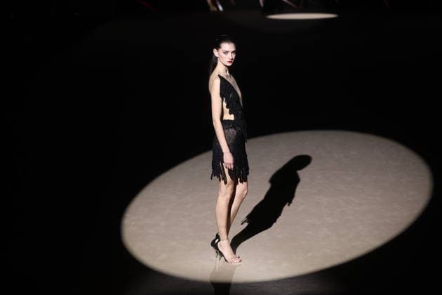 Hannibal Laguna fashion show at Mercedes Benz Fashion Week Madrid A model at a Hannibal Laguna fashion show during Mercedes Benz Fashion Week, March 20, 2026, in Madrid Spain The designer Hannibal Laguna, master of womens couture and benchmark of handcrafted luxury, presents at MBFWMadrid his spring summer collection 2026 Lazuliflow, inspired by the shades of blue and the movement of the sea, in the framework of the great catwalk of IFEMA Madrid 20 MARCH 2026 FASHION Madrid Madrid Espana  Copyright: xEduardoxParrax 7383199