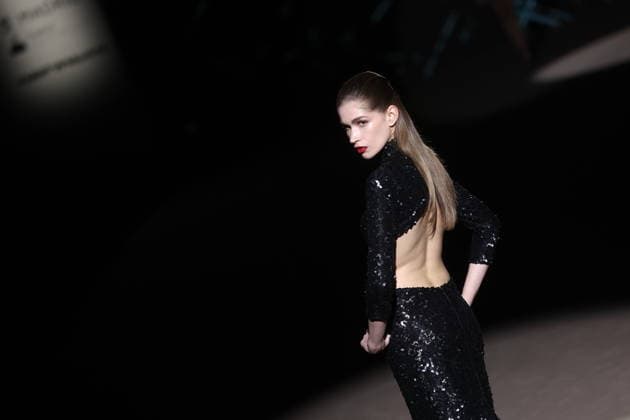 Hannibal Laguna fashion show at Mercedes Benz Fashion Week Madrid A model at a Hannibal Laguna fashion show during Mercedes Benz Fashion Week, March 20, 2026, in Madrid Spain The designer Hannibal Laguna, master of womens couture and benchmark of handcrafted luxury, presents at MBFWMadrid his spring summer collection 2026 Lazuliflow, inspired by the shades of blue and the movement of the sea, in the framework of the great catwalk of IFEMA Madrid 20 MARCH 2026 FASHION Madrid Madrid Espana  Copyright: xEduardoxParrax 7383200