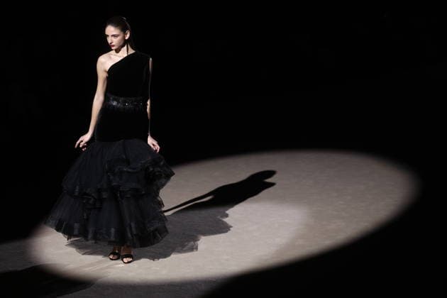 Hannibal Laguna fashion show at Mercedes Benz Fashion Week Madrid A model at a Hannibal Laguna fashion show during Mercedes Benz Fashion Week, March 20, 2026, in Madrid Spain The designer Hannibal Laguna, master of womens couture and benchmark of handcrafted luxury, presents at MBFWMadrid his spring summer collection 2026 Lazuliflow, inspired by the shades of blue and the movement of the sea, in the framework of the great catwalk of IFEMA Madrid 20 MARCH 2026 FASHION Madrid Madrid Espana  Copyright: xEduardoxParrax 7383201