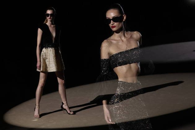 Hannibal Laguna fashion show at Mercedes Benz Fashion Week Madrid A model at a Hannibal Laguna fashion show during Mercedes Benz Fashion Week, March 20, 2026, in Madrid Spain The designer Hannibal Laguna, master of womens couture and benchmark of handcrafted luxury, presents at MBFWMadrid his spring summer collection 2026 Lazuliflow, inspired by the shades of blue and the movement of the sea, in the framework of the great catwalk of IFEMA Madrid 20 MARCH 2026 FASHION Madrid Madrid Espana  Copyright: xEduardoxParrax 7383202