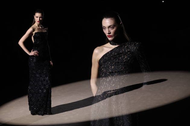 Hannibal Laguna fashion show at Mercedes Benz Fashion Week Madrid Models at a Hannibal Laguna fashion show during Mercedes Benz Fashion Week, March 20, 2026, in Madrid Spain The designer Hannibal Laguna, master of womens couture and benchmark of handcrafted luxury, presents at MBFWMadrid his spring summer collection 2026 Lazuliflow, inspired by the shades of blue and the movement of the sea, in the framework of the great catwalk of IFEMA Madrid 20 MARCH 2026 FASHION Madrid Madrid Espana  Copyright: xEduardoxParrax 7383210
