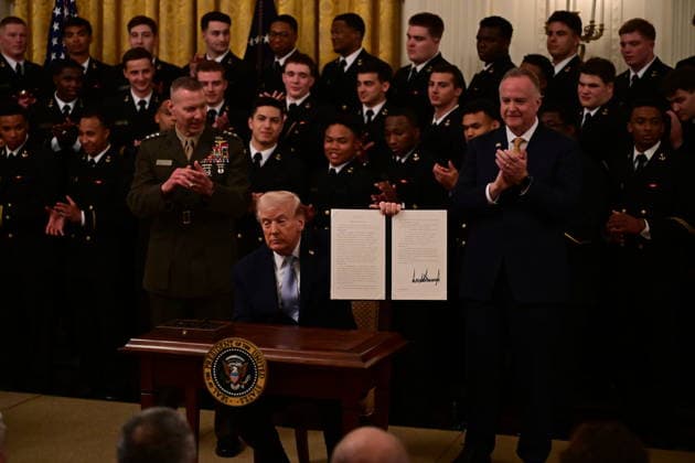 U.S. President Donald Trump WASHINGTON, D.C., UNITED STATES - MARCH 20: U.S. President Donald Trump signs an Executive Order preserving the traditional timeslot on the second Saturday of December exclusively for the Army Navy Game during the Commander-in-Chief’s Trophy presentation ceremony at the White House in Washington, D.C., United States on March 20, 2026. The 2025 Commander-in-Chief’s Trophy was awarded to the U.S. Naval Academy football team following its victory over Army and Air Force. Kyle Mazza Anadolu Washington United States. Editorial use only. Please get in touch for any other usage.  Copyright: x2026xAnadoluxKylexMazzax