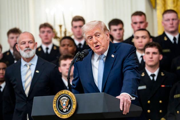 President Donald Trump presents the Commander in Chief s Trophy to the Navy Midshipmen football team during a ceremony in the East Room of the White House in Washington, DC on Friday, March 20, 2026. The award is presented annually to the winner of the football competition between the Navy, Air Force and Army. Navy has won the trophy back to back years and 13 times over the last 23 years.  WAP202603201150 BONNIExCASH