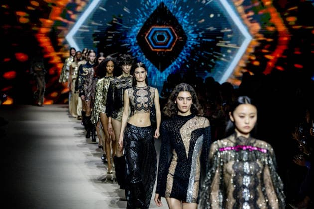 Custo Barcelona fashion show at Mercedes Benz Fashion Week Madrid Several models during the Custo Barcelona fashion show at Mercedes Benz Fashion Week Madrid, March 20, 2026, in Madrid Spain The Catalan firm, led by designer Custo Dalmau, presents at MBFWMadrid its new collection We Own the Light, a proposal of free spirit and vibrant graphics that claims the light as a symbol of energy and identity on the great catwalk of IFEMA Madrid 20 MARCH 2026 FASHION SHOW DESIGNER CUSTO MBFW Madrid Madrid Madrid Spain  Copyright: xRicardoxRubiox 7383534