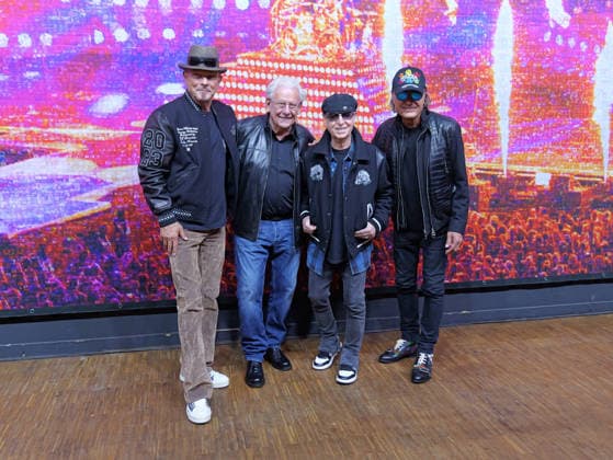 My World of Music exhibition in Hanover from left Rudolf Schenker, Marc Theis, Klaus Meine, Matthias Jabs in front of the 20 x 5 meter concert photo mosaic Copyright: xBerndxGüntherx