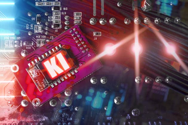 Bavaria, Germany - March 20, 2026: PHOTO MONTAGE, A glowing chip with AI? lettering symbolizes artificial intelligence and digital systems. The image represents data processing, technological development, and progress driven by intelligent algorithms. *** FOTOMONTAGE, Ein leuchtender Chip mit KI-Schriftzug symbolisiert künstliche Intelligenz und digitale Systeme. Das Bild steht für Datenverarbeitung, technologische Entwicklung und den Fortschritt durch intelligente Algorithmen.