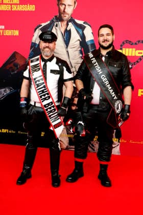 Stefan Rixdorf, Miste Leather Berlin 2025, and Mister Fetish Germany, Shkody aka Puppy Dino, at the German premiere of PILLION at Kino International in Berlin on 20 3 2026