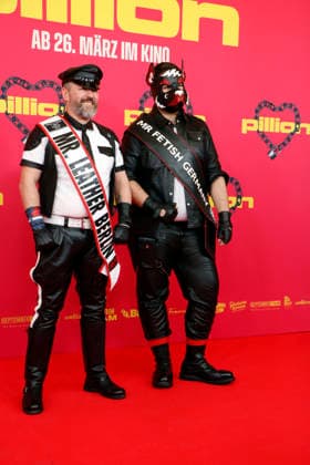 Stefan Rixdorf, Miste Leather Berlin 2025, and Mister Fetish Germany, Shkody aka Puppy Dino, at the German premiere of PILLION at Kino International in Berlin on 20 3 2026