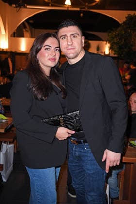 Marco Huck with his wife Amina Huck at the ERIC SINDERMANN IKONE FASHION SHOW at the Hofbräu Wirtshaus in Berlin on 20 03 2026