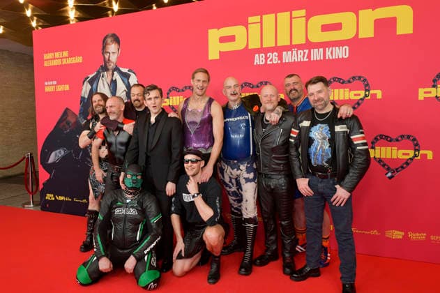 Harry Melling, Alexander Skarsgard and Harry Lighton with the Gay Bikers Motorcycle Club at the premiere of the movie Pillion at Kino International Berlin, 20 03 2026 Foto:xM.xBehrensx xFuturexImagex pillion_6309