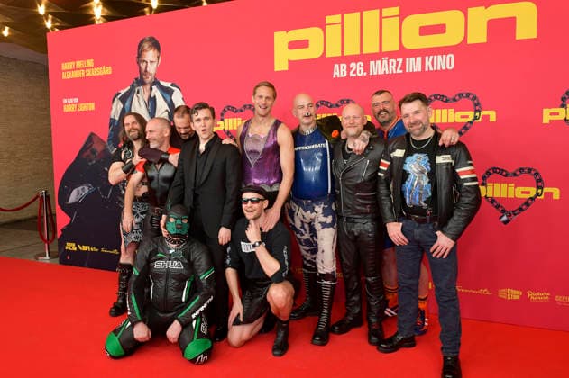 Harry Melling, Alexander Skarsgard and Harry Lighton with the Gay Bikers Motorcycle Club at the premiere of the movie Pillion at Kino International Berlin, 20 03 2026 Foto:xM.xBehrensx xFuturexImagex pillion_6310