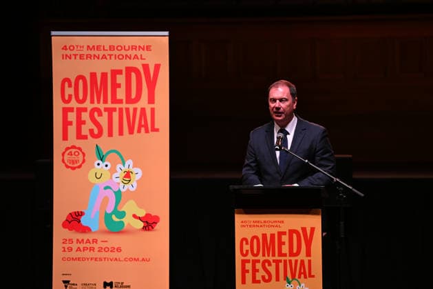 MELBOURNE COMEDY FESTIVAL LAUNCH, Minister for Creative Industries, Colin Brooks MP speaks during the launch of the 2026 Melbourne International Comedy Festival at Melbourne Town Hall, in Melbourne, Monday, March 23, 2026. ( NO ARCHIVING MELBOURNE VICTORIA AUSTRALIA  Copyright: xJAMESxROSSx 20260323168259834692