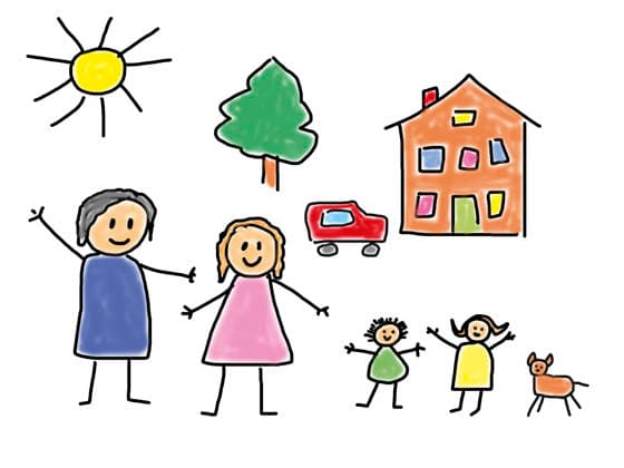 Naive childlike drawing of family with house car sun and tree property released, WWF07121