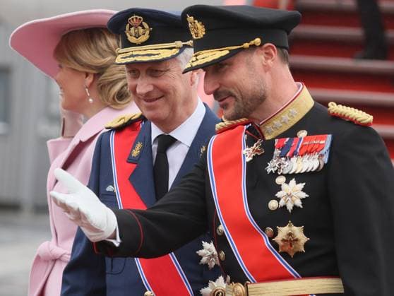 Queen Mathilde of Belgium, King Philippe - Filip of Belgium, Crown Prince Haakon Magnus of Norway and pictured at the official welcome ceremony at Norwegian Royal Palace in Oslo, on the first day of the official state visit of the Belgian royal couple to Norway, on Tuesday 24 March 2026. Belgian monarchs are on an official state visit to Norway from 24 to 26 March 2026.  BENOITxDOPPAGNE 168745506