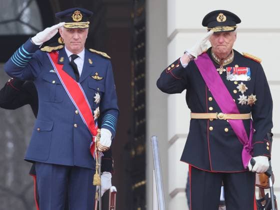 King Philippe - Filip of Belgium, King Harald of Norway and pictured during the official welcome ceremony at Norwegian Royal Palace in Oslo, on the first day of the official state visit of the Belgian royal couple to Norway, on Tuesday 24 March 2026. Belgian monarchs are on an official state visit to Norway from 24 to 26 March 2026.  BENOITxDOPPAGNE 168750021