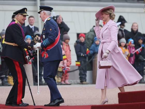 King Harald of Norway, King Philippe - Filip of Belgium, Queen Mathilde of Belgium and pictured during the official welcome ceremony at Norwegian Royal Palace in Oslo, on the first day of the official state visit of the Belgian royal couple to Norway, on Tuesday 24 March 2026. Belgian monarchs are on an official state visit to Norway from 24 to 26 March 2026.  BENOITxDOPPAGNE 168750390