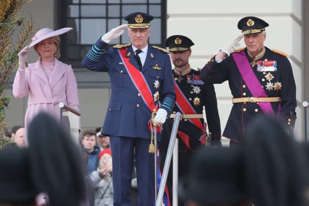 Queen Mathilde of Belgium, King Philippe - Filip of Belgium, Crown Prince Haakon Magnus of Norway and King Harald of Norway pictured during the official welcome ceremony at Norwegian Royal Palace in Oslo, on the first day of the official state visit of the Belgian royal couple to Norway, on Tuesday 24 March 2026. Belgian monarchs are on an official state visit to Norway from 24 to 26 March 2026.  BENOITxDOPPAGNE 168750529