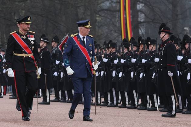 Crown Prince Haakon Magnus of Norway, King Philippe - Filip of Belgium and pictured during the official welcome ceremony at Norwegian Royal Palace in Oslo, on the first day of the official state visit of the Belgian royal couple to Norway, on Tuesday 24 March 2026. Belgian monarchs are on an official state visit to Norway from 24 to 26 March 2026.  BENOITxDOPPAGNE 168750561