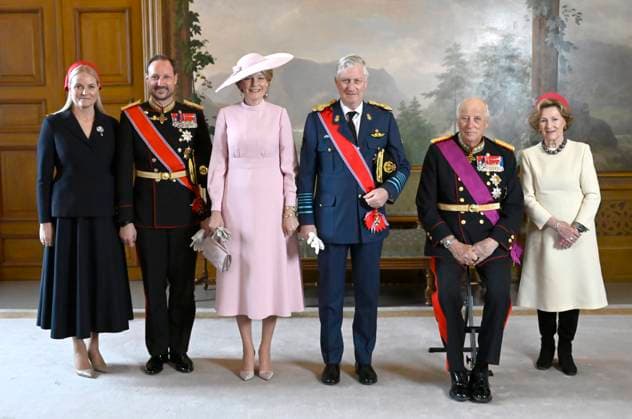 State Visit of King Philippe and Queen Mathilde to Norway (Day 1) OSLO, NORWAY - MARCH 24 : official photo in the Birds Room of Princess Mette-Marit Tjessem Høiby, Prince Haakon of Norway, Queen Mathilde of Belgium, King Philippe of Belgium, King Harald of Norway and Queen Sonja of Norway pictured during the official state visit in Norway of the Belgian Sovereins on March 24, 2026 in Oslo, Norway, 24 03 2026 Oslo Norway  Copyright: xDidierxLebrunx