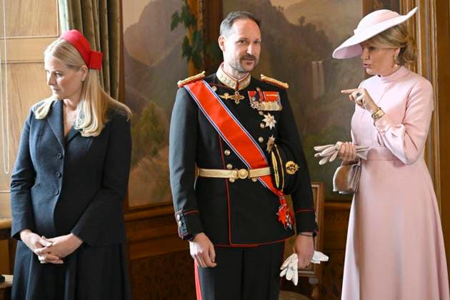 State Visit of King Philippe and Queen Mathilde to Norway (Day 1) OSLO, NORWAY - MARCH 24 : official photo in the Birds Room of Princess Mette-Marit Tjessem Høiby, Prince Haakon of Norway, Queen Mathilde of Belgium pictured during the official state visit in Norway of the Belgian Sovereins on March 24, 2026 in Oslo, Norway, 24 03 2026 Oslo Norway  Copyright: xDidierxLebrunx