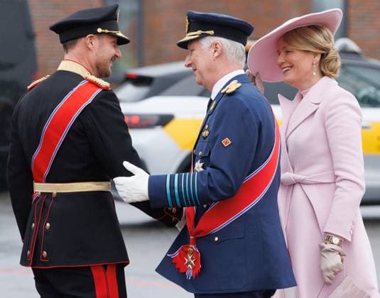 Crown Prince Haakon Magnus of Norway, King Philippe - Filip of Belgium and Queen Mathilde of Belgium pictured during the arrival at Oslo airport on the first day of the official state visit of the Belgian royal couple to Norway, on Tuesday 24 March 2026. Belgian monarchs are on an official state visit to Norway from 24 to 26 March 2026.  BENOITxDOPPAGNE 168763234