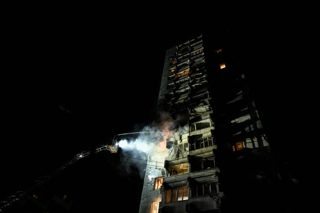 RECORD DATE NOT STATED Rescuers extinguish a fire in an apartment of a multi-story residential building hit by a Russian drone, Zaporizhzhia, Ukraine, on March 24, 2026. Overnight, Russian forces attacked the city with strike drones and ballistic missiles. One person was killed and nine others were injured (Photo by Dmytro Smolienko Ukrinform) Russian army launches combined strike on Zaporizhzhia  Copyright: xDmytroxSmolienkox
