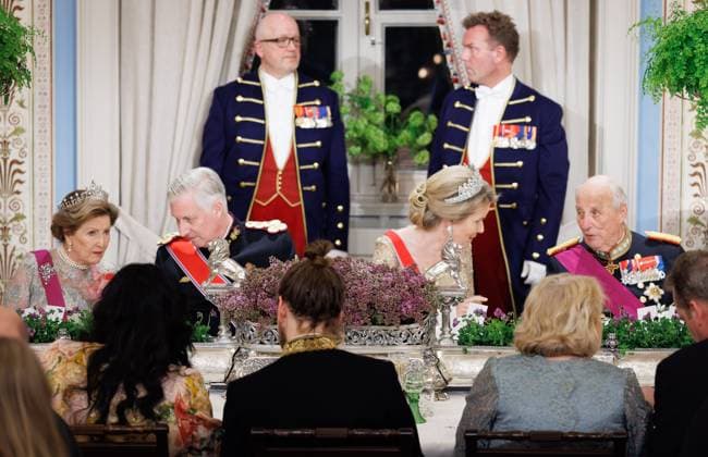 Queen Sonja of Norway, King Philippe - Filip of Belgium, Queen Mathilde of Belgium and King Harald V of Norway pictured at the State Banquet hosted by Norwegian royal family in the Royal Palace in Oslo, on the first day of the official state visit of the Belgian royal couple to Norway, on Tuesday 24 March 2026. Belgian monarchs are on an official state visit to Norway from 24 to 26 March 2026.  BENOITxDOPPAGNE 168803139