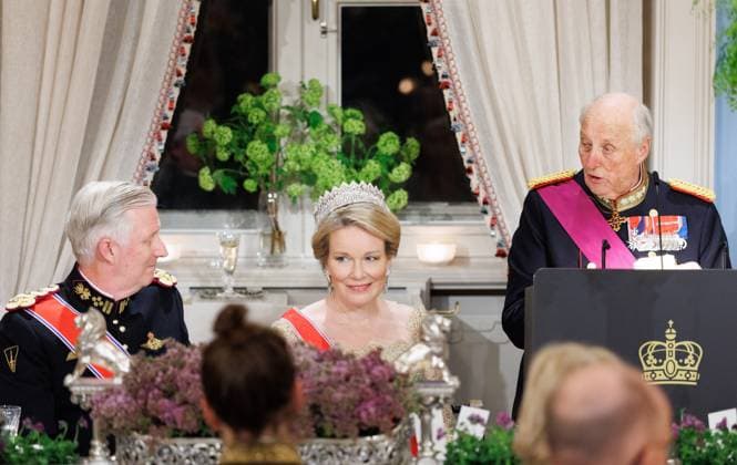 King Philippe - Filip of Belgium, Queen Mathilde of Belgium and King Harald V of Norway pictured at the State Banquet hosted by Norwegian royal family in the Royal Palace in Oslo, on the first day of the official state visit of the Belgian royal couple to Norway, on Tuesday 24 March 2026. Belgian monarchs are on an official state visit to Norway from 24 to 26 March 2026.  BENOITxDOPPAGNE 168803143