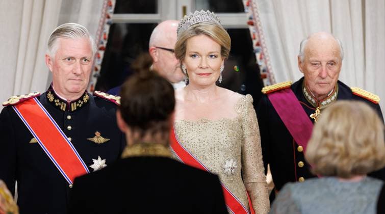 King Philippe - Filip of Belgium, Queen Mathilde of Belgium and King Harald V of Norway pictured at the State Banquet hosted by Norwegian royal family in the Royal Palace in Oslo, on the first day of the official state visit of the Belgian royal couple to Norway, on Tuesday 24 March 2026. Belgian monarchs are on an official state visit to Norway from 24 to 26 March 2026.  BENOITxDOPPAGNE 168803147