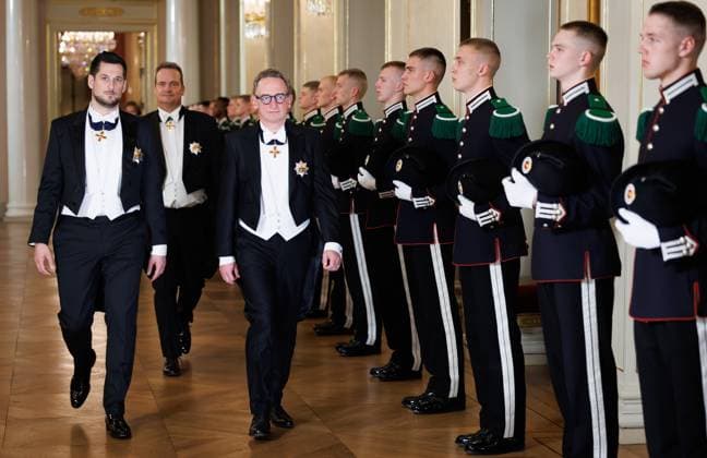 Walloon Minister President and minister of Finance, Budget, Research in the FWB Adrien Dolimont, German Community Minister President Oliver Paasch and Brussels region Minister-President Boris Dillies pictured ahead of the State Banquet hosted by Norwegian royal family in the Royal Palace in Oslo, on the first day of the official state visit of the Belgian royal couple to Norway, on Tuesday 24 March 2026. Belgian monarchs are on an official state visit to Norway from 24 to 26 March 2026.  BENOITxDOPPAGNE 168803160