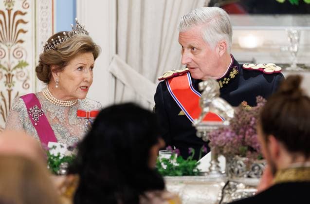 Queen Sonja of Norway and King Philippe - Filip of Belgium pictured at the State Banquet hosted by Norwegian royal family in the Royal Palace in Oslo, on the first day of the official state visit of the Belgian royal couple to Norway, on Tuesday 24 March 2026. Belgian monarchs are on an official state visit to Norway from 24 to 26 March 2026.  BENOITxDOPPAGNE 168803176