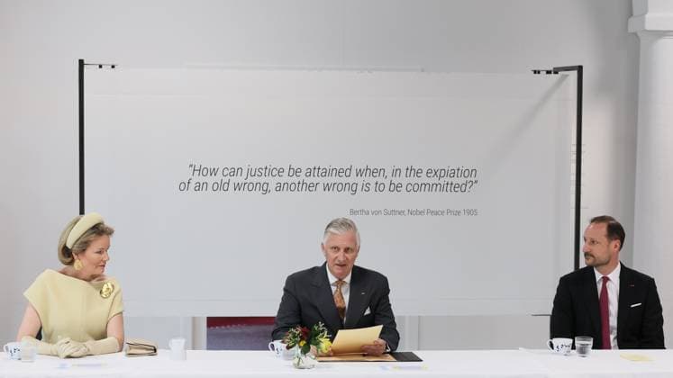 Queen Mathilde, King Philippe - Filip of Belgium and Crown Prince Haakon Magnus of Norway visit the Nobel Peace Centre in Oslo, on day two of the official state visit of the Belgian royal couple to Norway, on Wednesday 25 March 2026. Belgian monarchs are on an official state visit to Norway from 24 to 26 March 2026.  BENOITxDOPPAGNE 168823533
