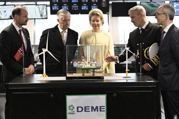 King Philippe - Filip and Queen Mathilde of Belgium pictured during a visit to the DEME wind turbine installation vessel Norse Wind in Oslo, on day two of the official state visit of the Belgian royal couple to Norway, on Wednesday 25 March 2026. Belgian monarchs are on an official state visit to Norway from 24 to 26 March 2026.  POOLxDIDIERxLEBRUN 168834231