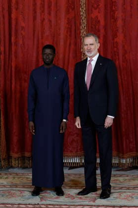 Spanish King Felipe VI welcomes the President of Senegal Bassirou Diomaye Diakhar Faye during their meeting at the Royal Palace on the occasion of Faye s first official visit to Spain, in Madrid, 25 March 2026. Spanish King meets President of Senegal in Madrid !ACHTUNG: NUR REDAKTIONELLE NUTZUNG!  Copyright: xChemaxMoyax GRAF8867 20260325-55019807967_1