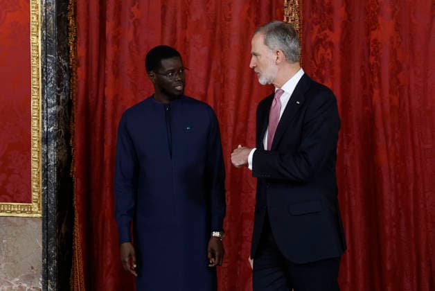 Spanish King Felipe VI welcomes the President of Senegal Bassirou Diomaye Diakhar Faye during their meeting at the Royal Palace on the occasion of Faye s first official visit to Spain, in Madrid, 25 March 2026. Spanish King meets President of Senegal in Madrid !ACHTUNG: NUR REDAKTIONELLE NUTZUNG!  Copyright: xChemaxMoyax GRAF8868 20260325-55019807971_1