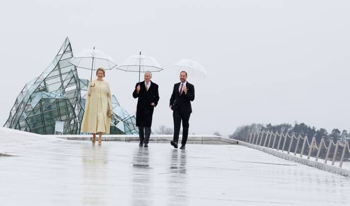 Queen Mathilde, King Philippe - Filip of Belgium and Crown Prince Haakon Magnus of Norway arrive for a round table discussion at the Norwegian Opera House in Oslo on day two of the official state visit of the Belgian royal couple to Norway, on Wednesday 25 March 2026. Belgian monarchs are on an official state visit to Norway from 24 to 26 March 2026.  BENOITxDOPPAGNE 168855112