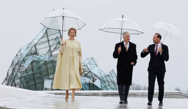 Queen Mathilde, King Philippe - Filip of Belgium and Crown Prince Haakon Magnus of Norway arrive for a round table discussion at the Norwegian Opera House in Oslo on day two of the official state visit of the Belgian royal couple to Norway, on Wednesday 25 March 2026. Belgian monarchs are on an official state visit to Norway from 24 to 26 March 2026.  BENOITxDOPPAGNE 168855198