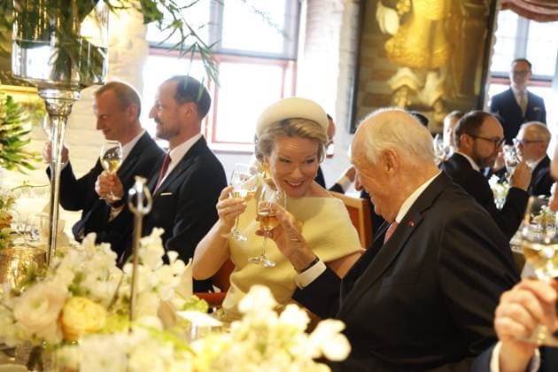 Crown Prince Haakon Magnus of Norway, Queen Mathilde of Belgium and King Harald V of Norway pictured at the lunch at the Akershus Fortress castle, in Oslo, on day two of the official state visit of the Belgian royal couple to Norway, on Wednesday 25 March 2026. Belgian monarchs are on an official state visit to Norway from 24 to 26 March 2026.  POOLxOLIVIERxPOLET 168887512