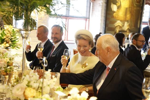 Crown Prince Haakon Magnus of Norway, Queen Mathilde of Belgium and King Harald V of Norway pictured at the lunch at the Akershus Fortress castle, in Oslo, on day two of the official state visit of the Belgian royal couple to Norway, on Wednesday 25 March 2026. Belgian monarchs are on an official state visit to Norway from 24 to 26 March 2026.  POOLxOLIVIERxPOLET 168887534