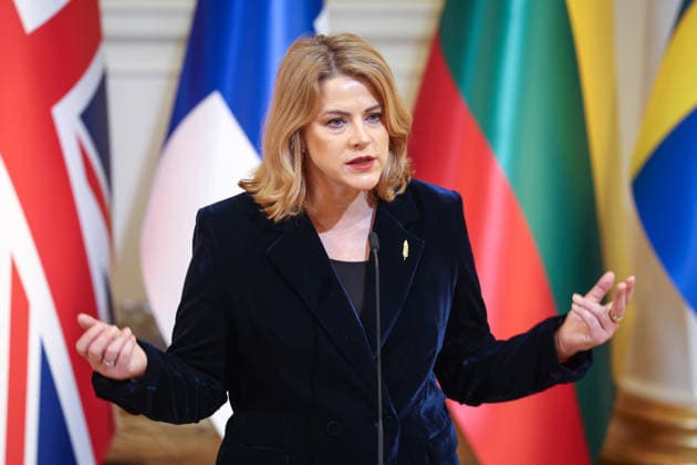 March 26, 2026, Helsinki, Uusimaa, Finland: JEF Leaders Summit take place in Helsinki, Finland on 26 March 2026. The Prime Minister of the Latvia Evika Silina delivers Doorstep speach before beginning of Summit. Helsinki Finland - ZUMAt227 20260326_zip_t227_008 Copyright: xMarinaxTakimotox