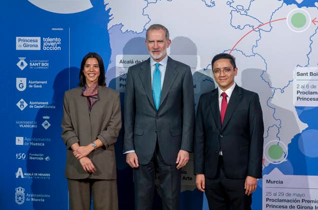 Felipe VI presides over the proclamation of the Princess of Girona Award International 2026 King Felipe VI and the award winners, Mercedes Bidart and José Eduardo Méndez during the proclamation of the Princess of Girona Award International 2026 in the categories of Creaempresa and Research, in the third stage of the Talent Tour at the IES Antonio Machado, on March 26, 2026, in Alcalá de Henares, Madrid Spain The event is part of the Princess of Girona Foundations Tour del Talento program, which promotes professional development and youth employability, and serves to recognize innovative trajectories in entrepreneurship and research, underlining the Crowns commitment to opportunities for young people 26 MARCH 2026 Alcala de Henares, Madrid Copyright: xAlbertoxOrtegax 7398115