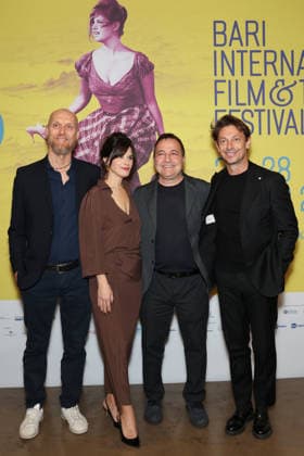 Bari - Bif&st in the photo Giorgio Pasotti with Valentina Cervi and the director Fabrizio Cattani and the writer Gianluca Antoni (left)  Copyright: x xipa-agency.netx xFabioxSerinox IPA_Agency_IPA73489031
