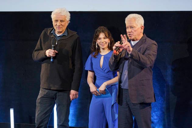 Udo Wachtveitl and Miroslav Nemec with presenter at the premiere of the ARD TV movie Tatort Unvergänglich , the last case of Ivo Batic and Franz Leitmayr, in the Audimax of the University of Television and Film Munich, 26 03 2026 Foto:xN.xKolinzx xFuturexImagex tatort_6369