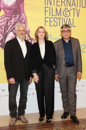 Bari - Bif&st in the photo Domenico Procacci with Margherita Buy and the festival director Oscar Iarussi  Copyright: x xipa-agency.netx xFabioxSerinox IPA_Agency_IPA73489075